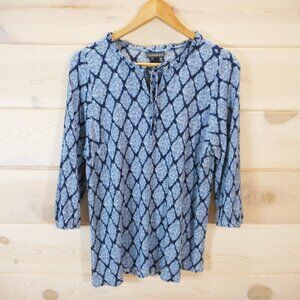 Lane Bryant Women's size 14 Blue Diamond Print Blouse Tie-Neck 3/4 Sleeve Top